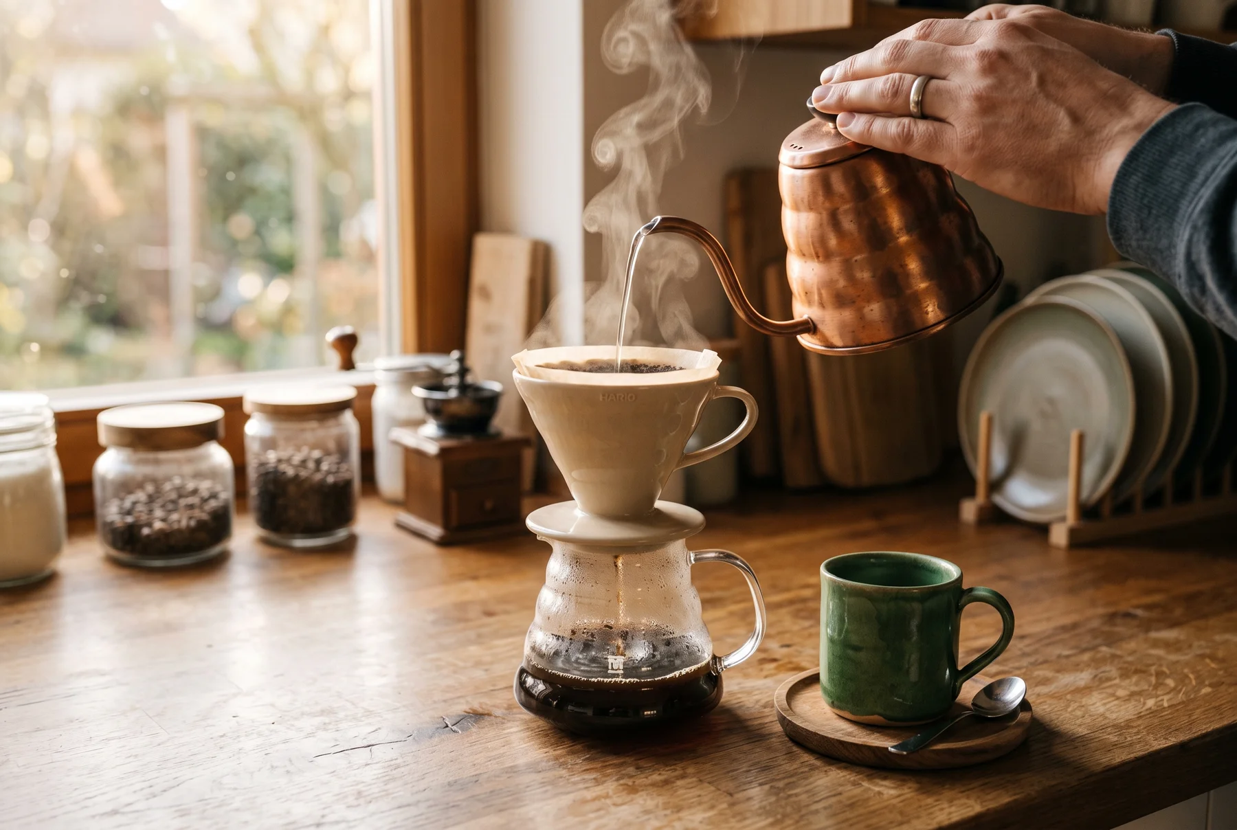 Kaffee wird von Hand in einer hellen Küche aufgebrüht.